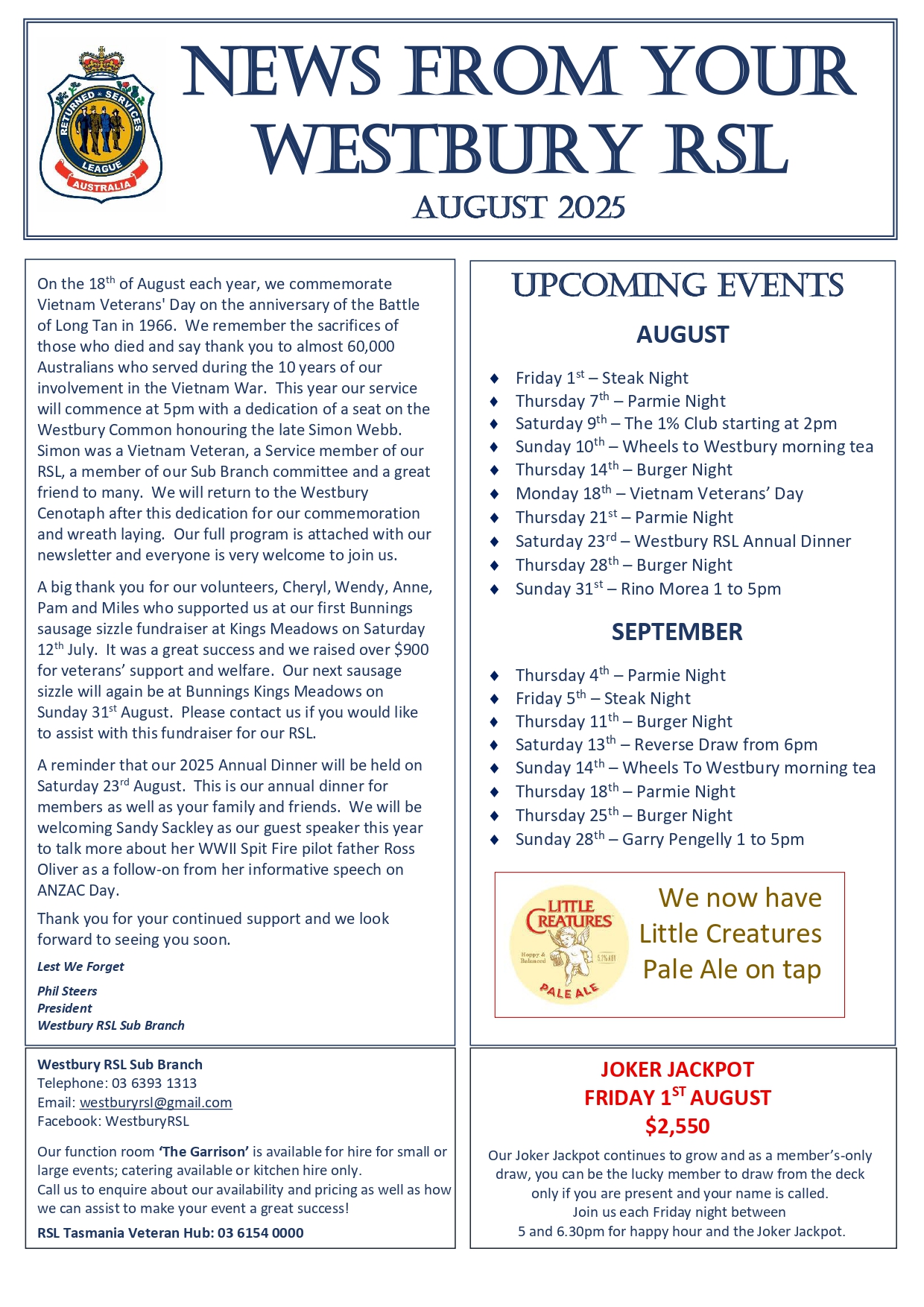 Westbury RSL Newsletter August 2025