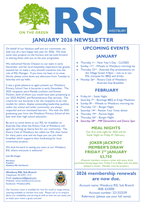 Westbury RSL Newsletter January 2026